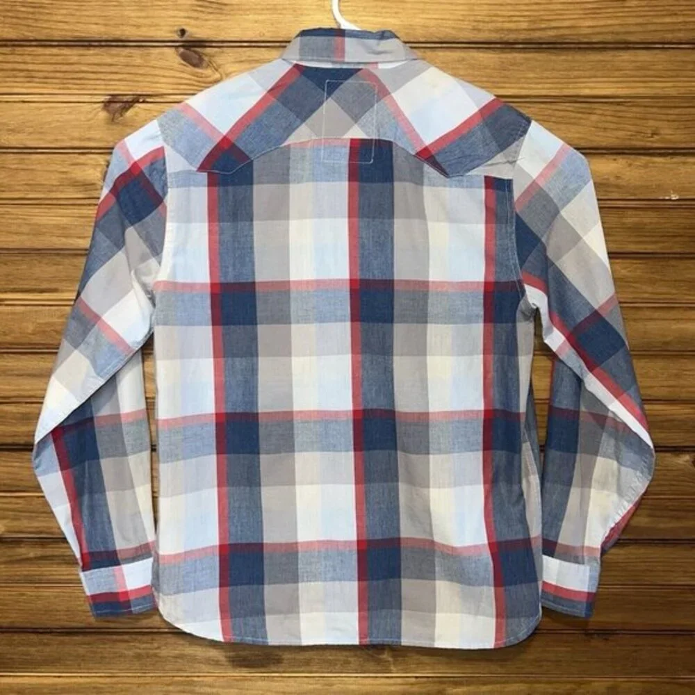 Levis Pearl Snap Shirt Mens Size Medium Western Plaid Blue Grey Red Button Up